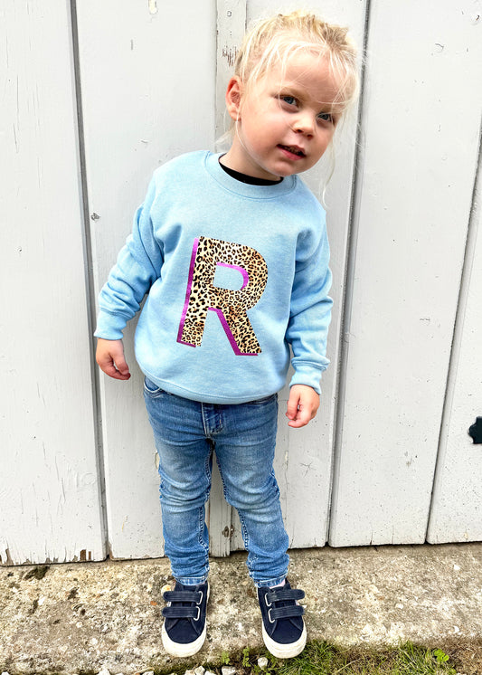 SALE Kids Personalised Metallic Purple Leopard Print Initial Sweatshirt - 3-4 years