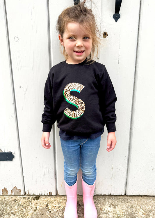 SALE Kids Personalised Metallic Green Leopard Print Initial Sweatshirt - 3-4 years