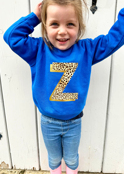 Kids Personalised Metallic Leopard Print Initial Sweatshirt