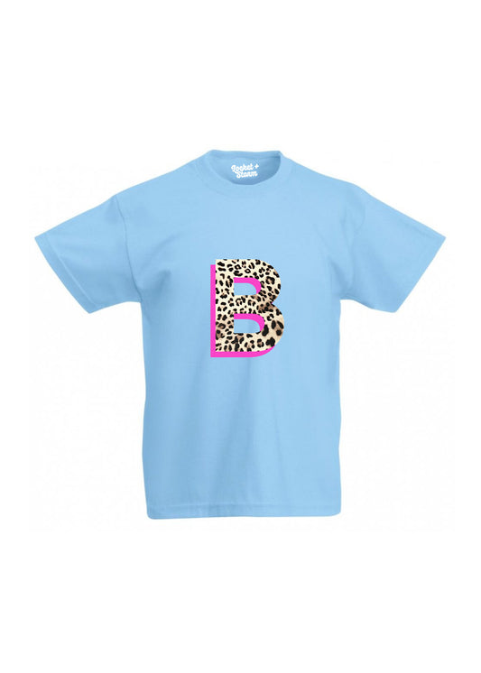 Kids Personalised Neon Leopard Print Initial T-Shirt